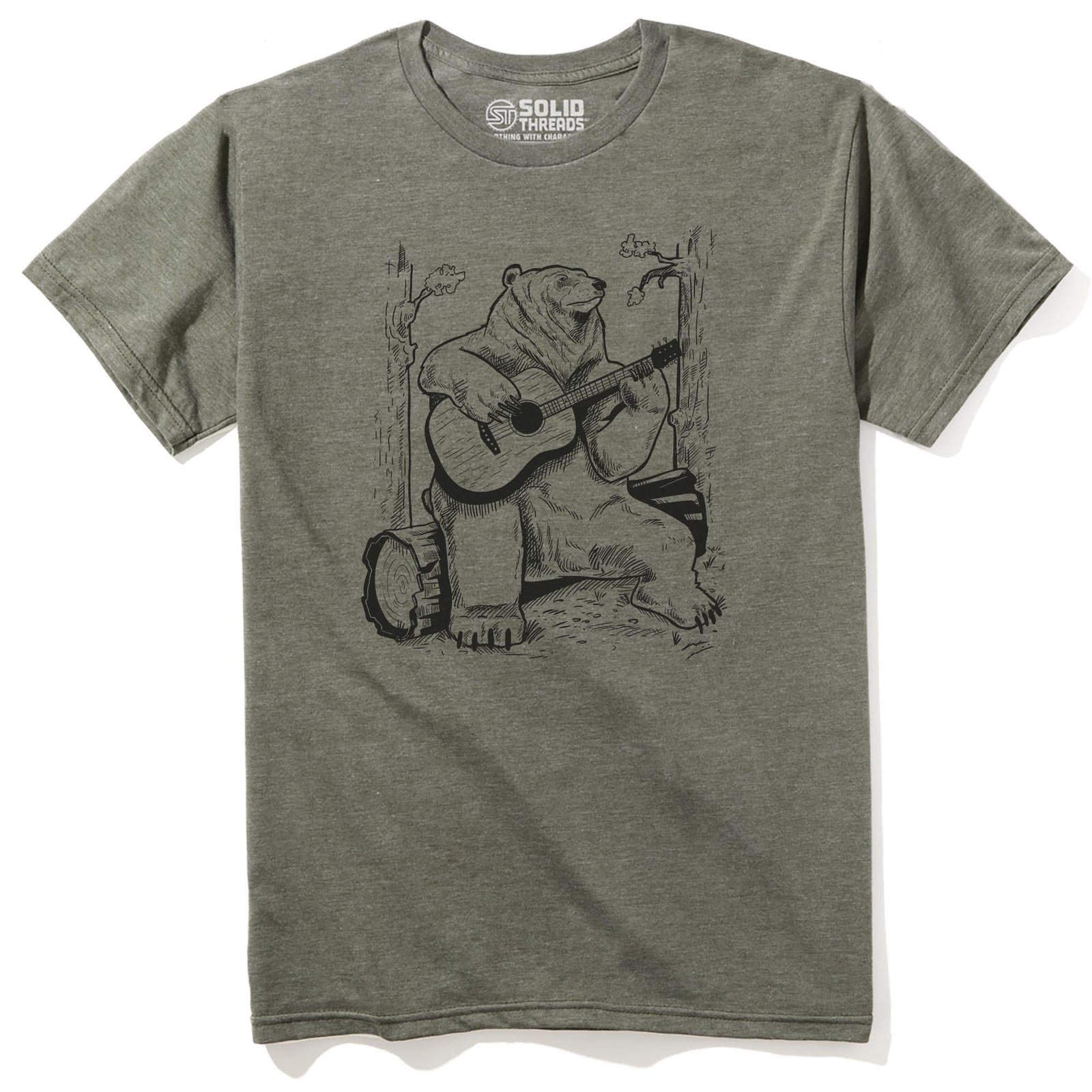 Acoustic Guitar Bear Cool Staple T-shirt in Olive Heather - Front View
