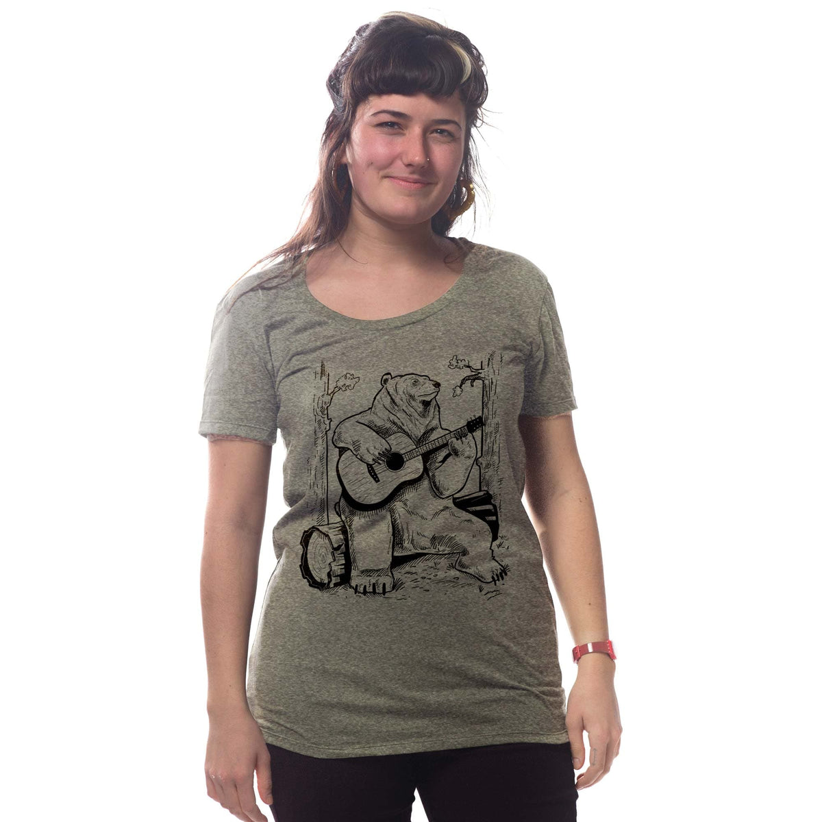 Women's Acoustic Guitar Bear Cool Graphic T-Shirt | Artsy Forest Camping Tee On Model | Solid Threads