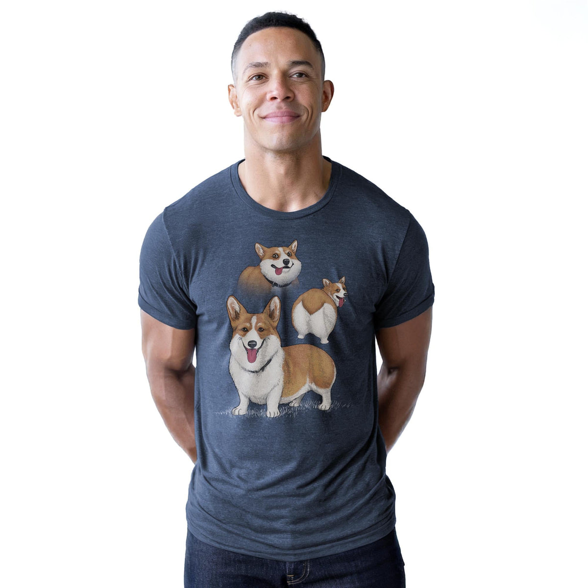 Corgi Collage Funny Staple T-shirt in Navy Heather On Model - Front View