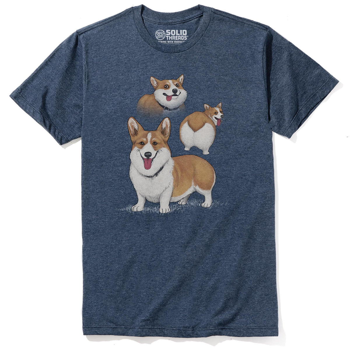 Corgi Collage Funny Staple T-shirt in Navy Heather - Front View
