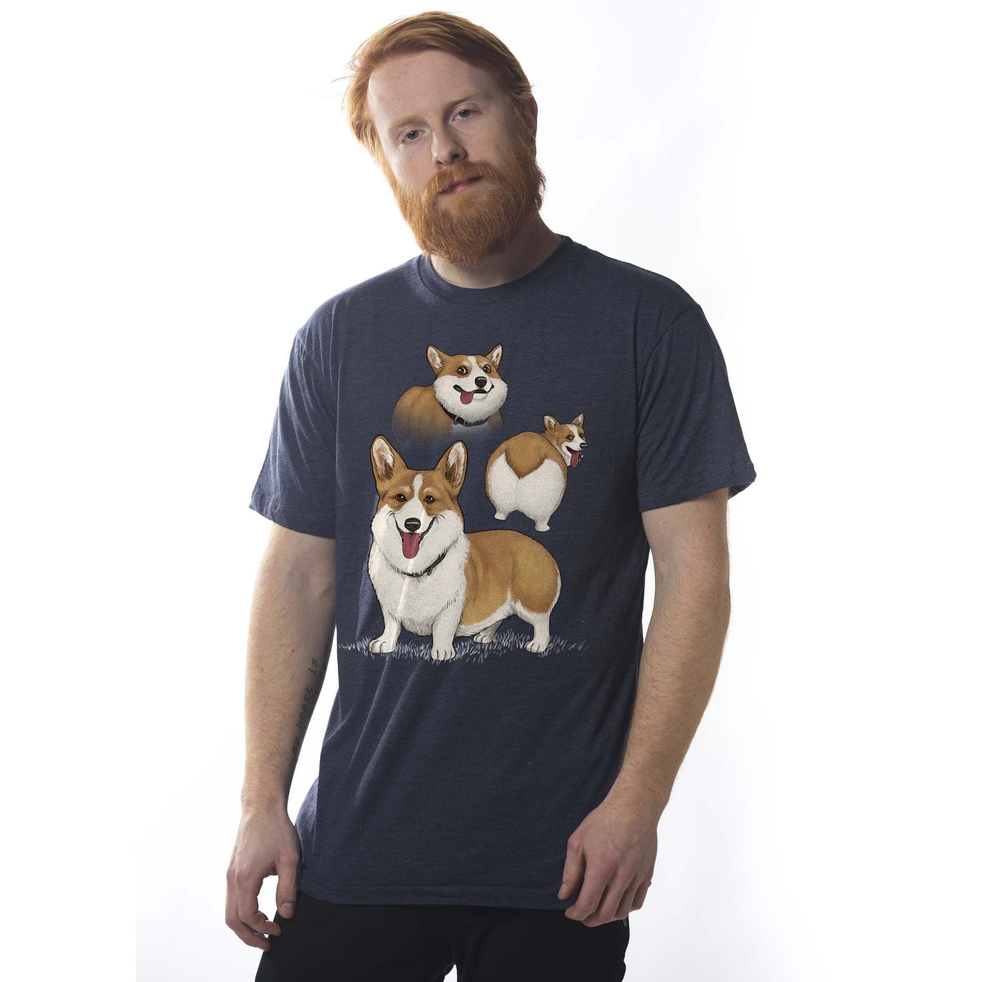 Men's Corgi Collage Funny Meme Graphic T-Shirt | Vintage Dog Derpy Tee On Model | Solid Threads