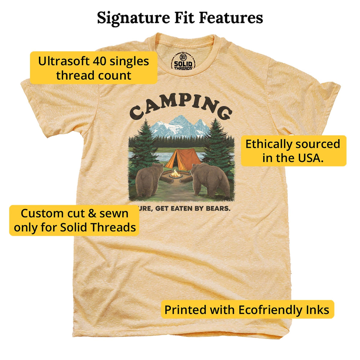 Camping, Sure Get Eaten By Bears Funny Signature T-shirt in Triblend Gold - Fit Attributes