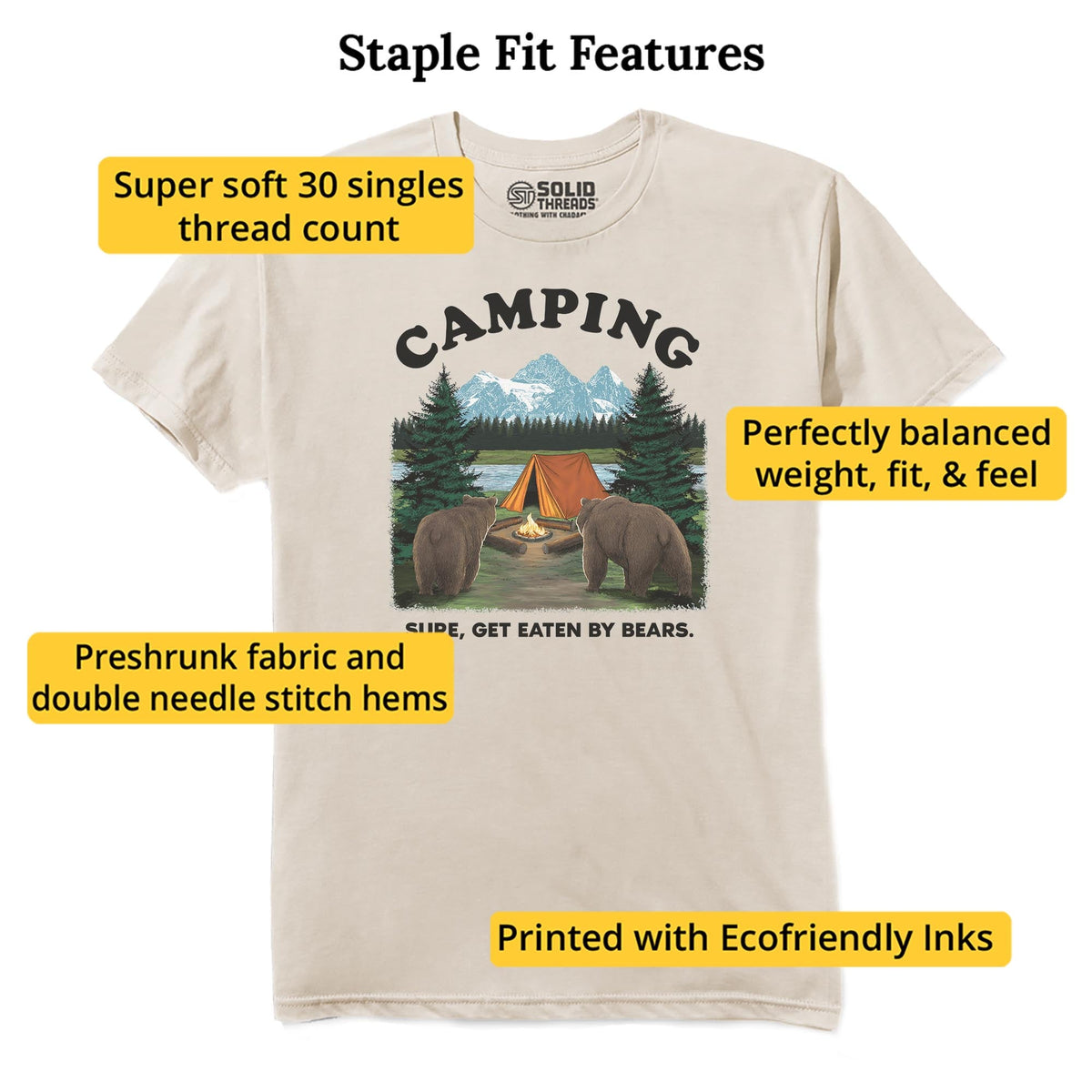 Camping, Sure Get Eaten By Bears Funny Staple T-shirt in Natural - Fit Attributes