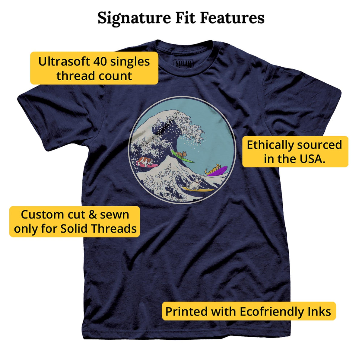 Dogs Ridin' The Wave Designer Signature T-shirt in Navy - Fit Attributes