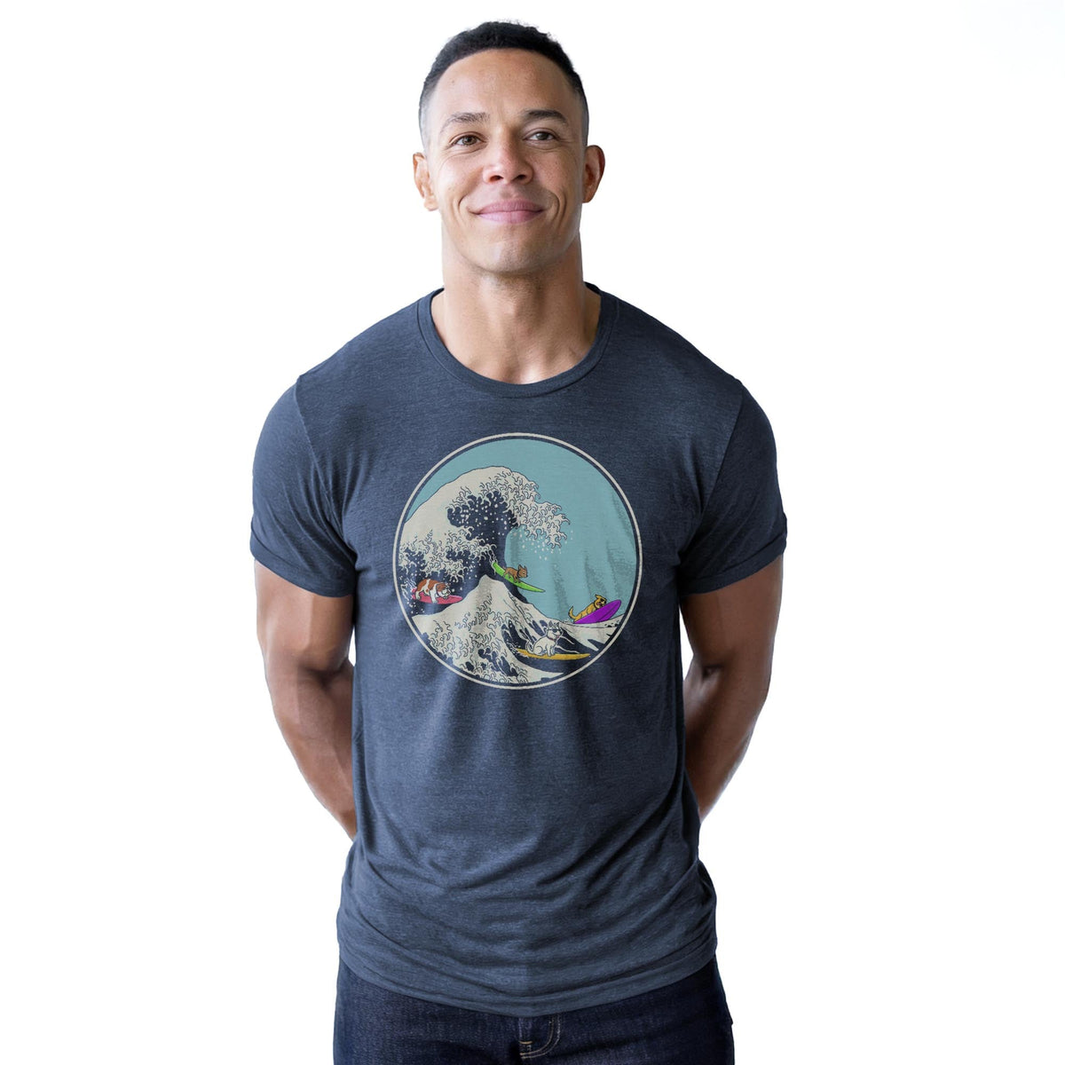 Dogs Ridin' The Wave Designer Staple T-shirt in Navy Heather On Model - Front View
