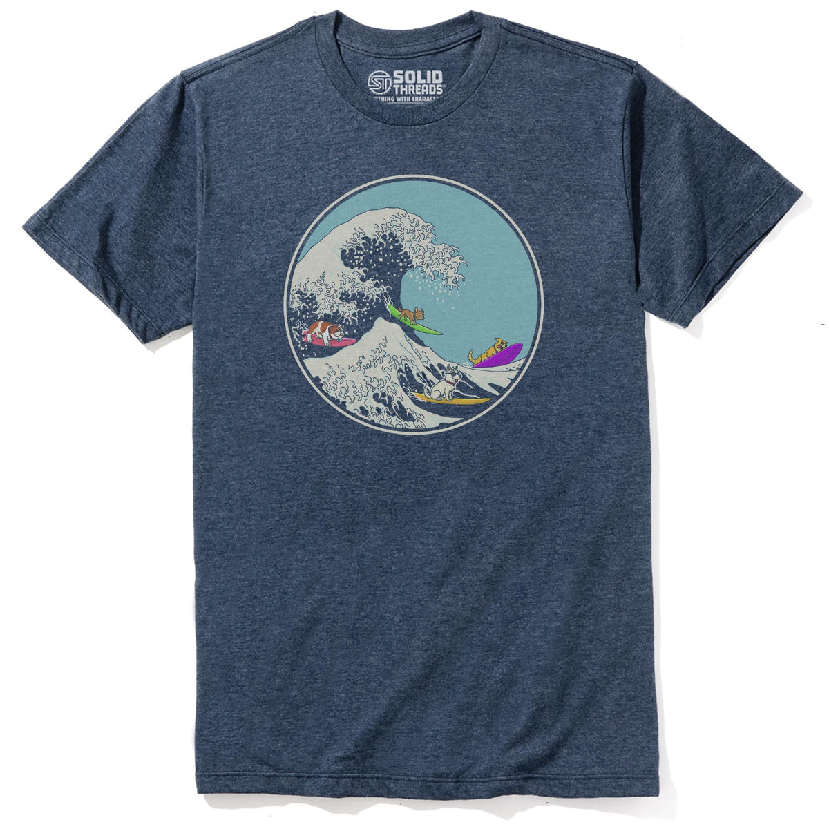 Dogs Ridin' The Wave Designer Staple T-shirt in Navy Heather - Front View