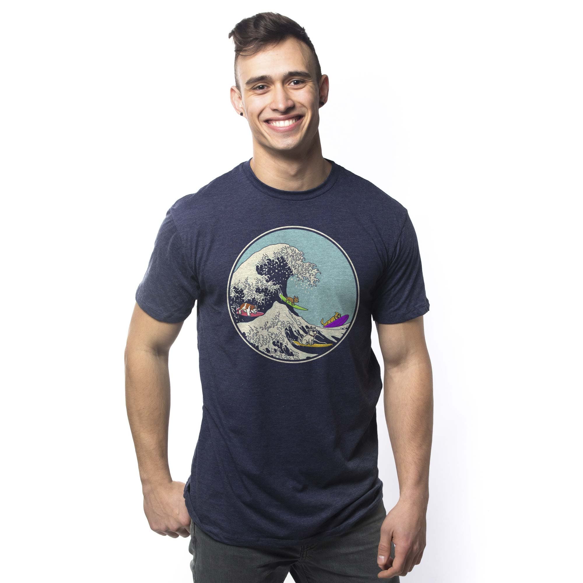 Dogs Ridin' The Wave Designer Graphic T-Shirt | Cool Surfing Beach Tee Navy / Large
