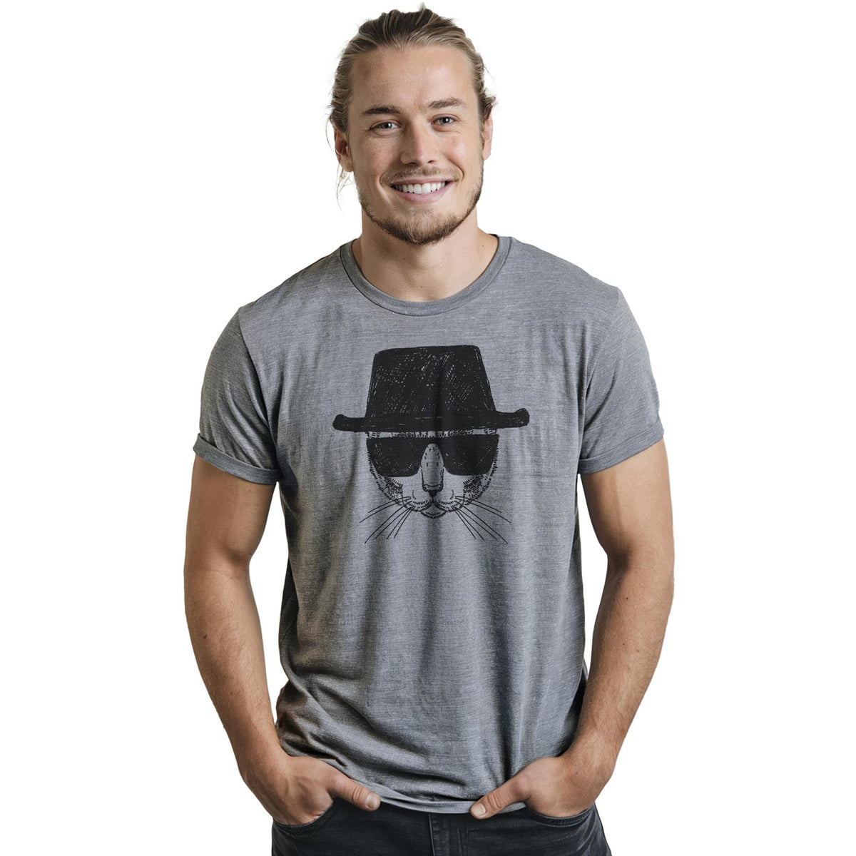 Catsenberg Funny Staple T-shirt in Ash Heather On Model - Front View
