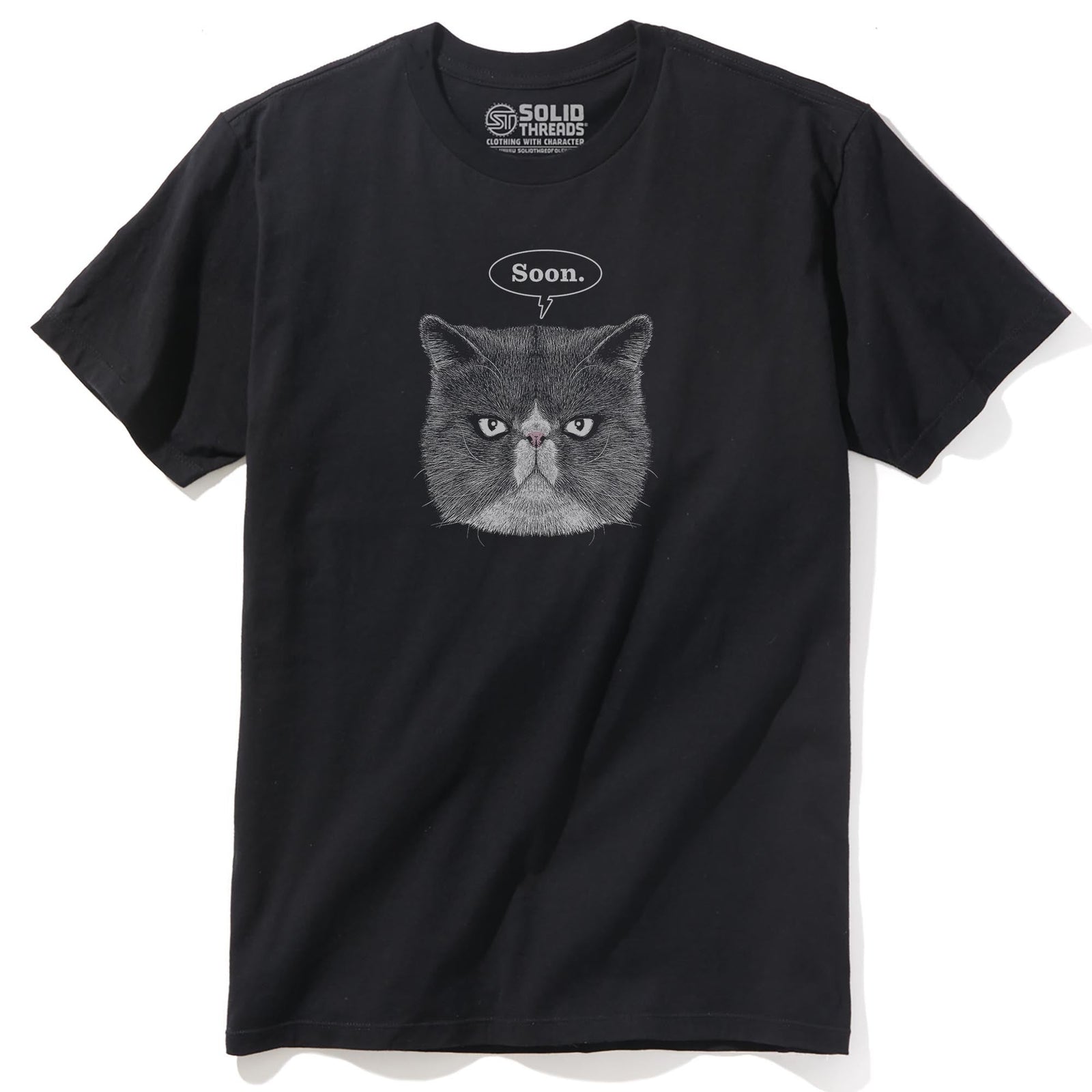 Evil Cat Funny Staple T-shirt in Black - Front View