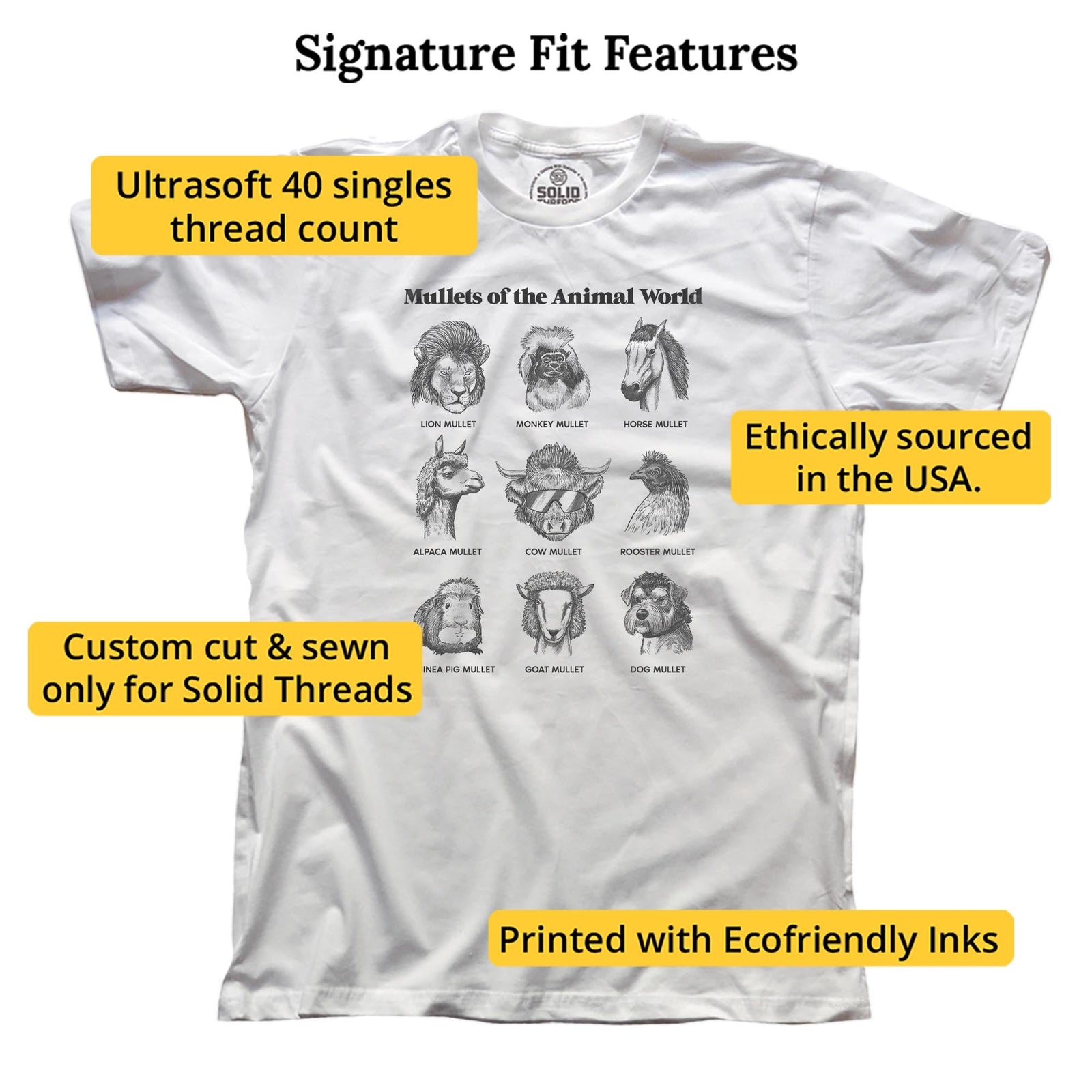 Mullets Of The Animal World Funny Signature T-shirt in White - Fit Attributes