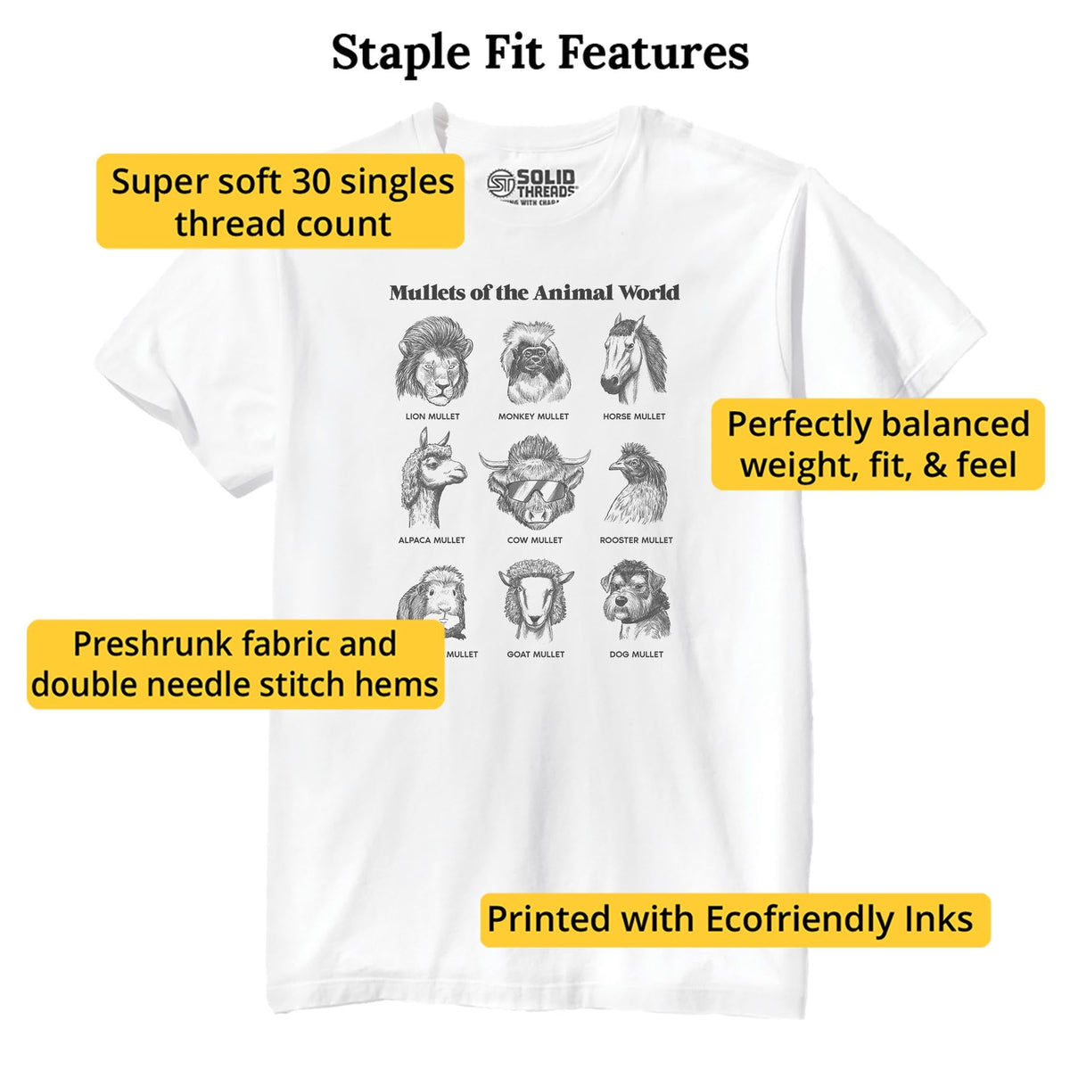 Mullets Of The Animal World Funny Staple T-shirt in White - Fit Attributes