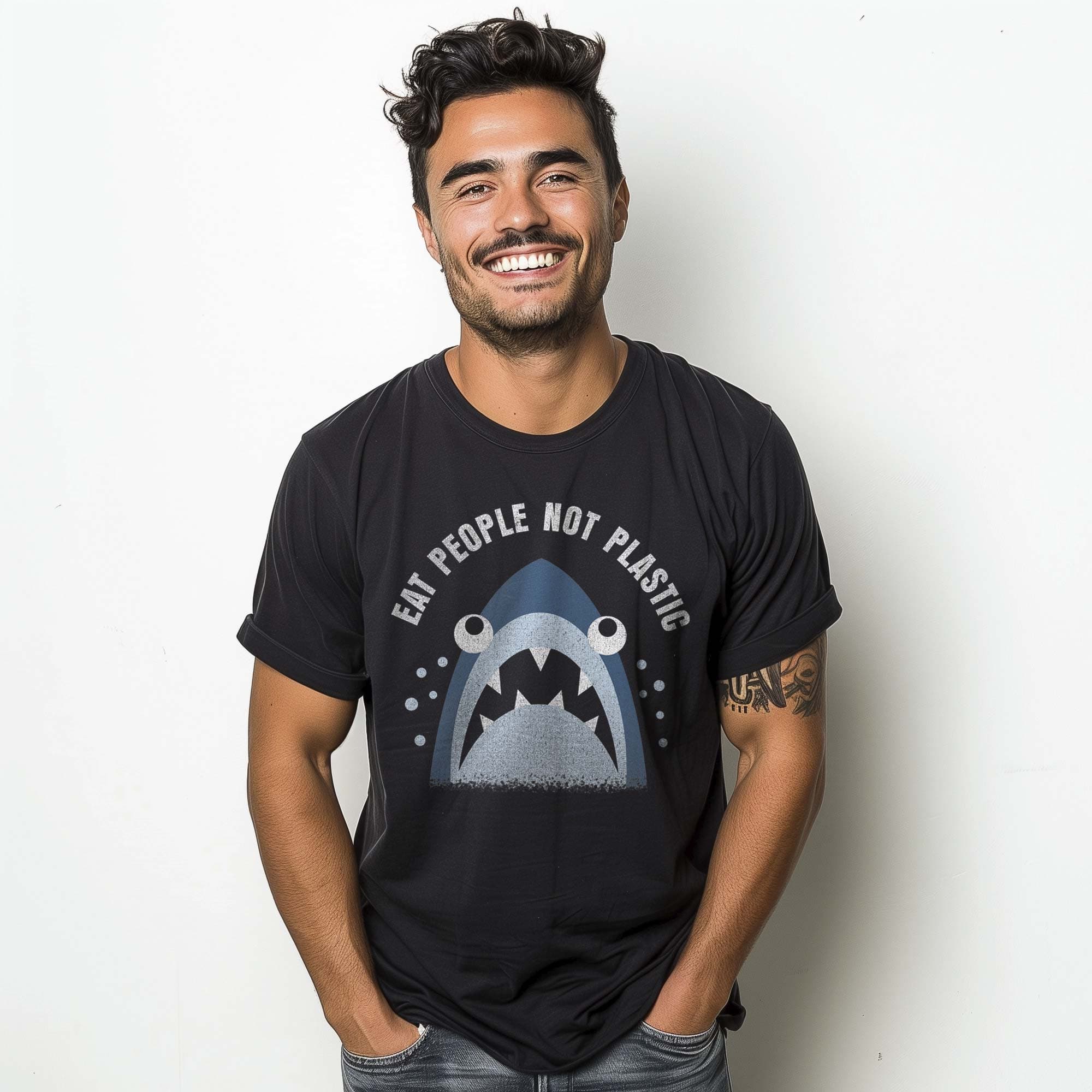 Men's Eat People Not Plastic Cool Graphic T-Shirt | Funny Shark Environmentalist  Tee On Model | Solid Threads