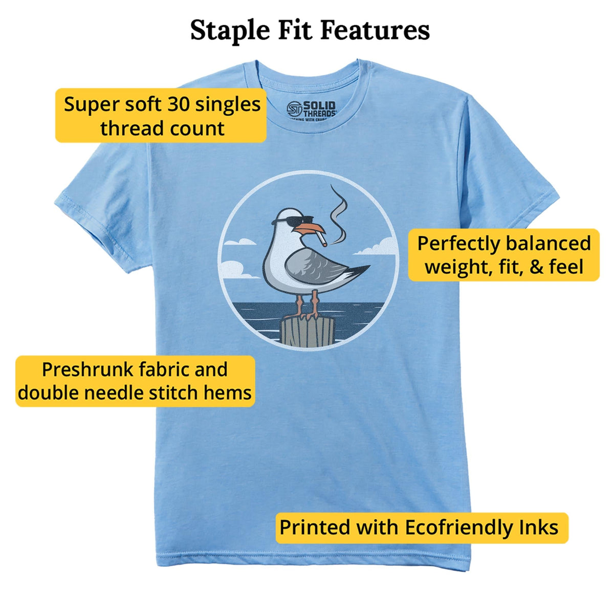 Bad Seagull Designer Staple T-shirt in Light Blue Heather - Fit Attributes