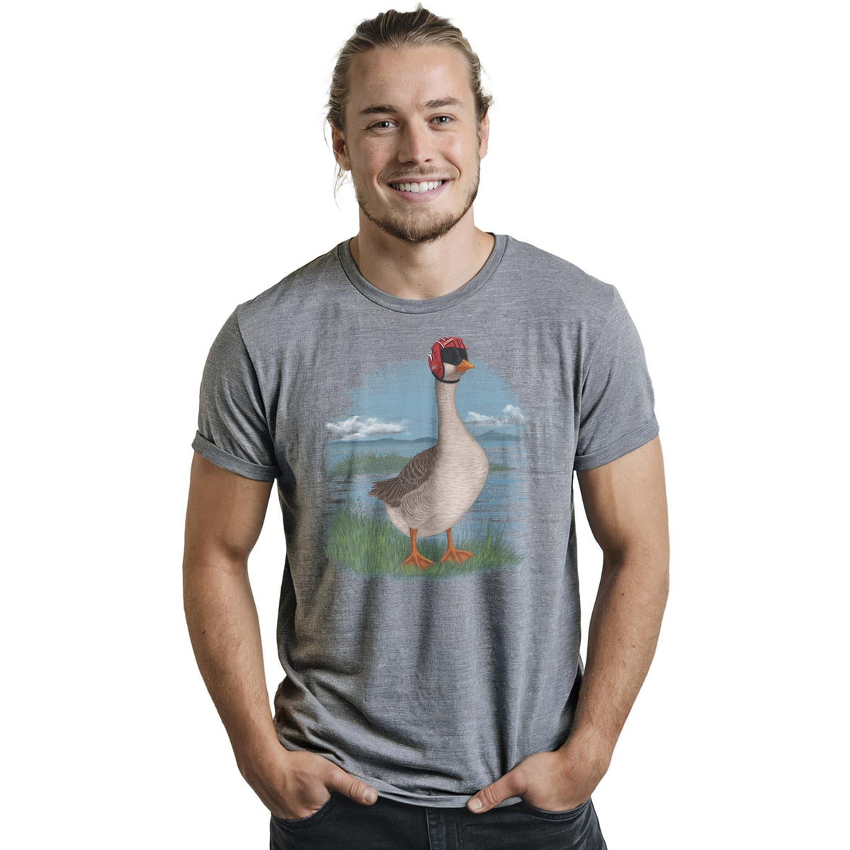 Goose Funny Staple T-shirt in Ash Heather On Model - Front View