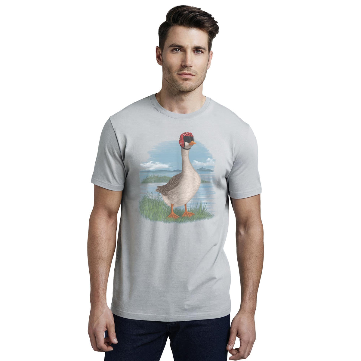 Goose Funny Staple T-shirt in Silver On Model - Front View