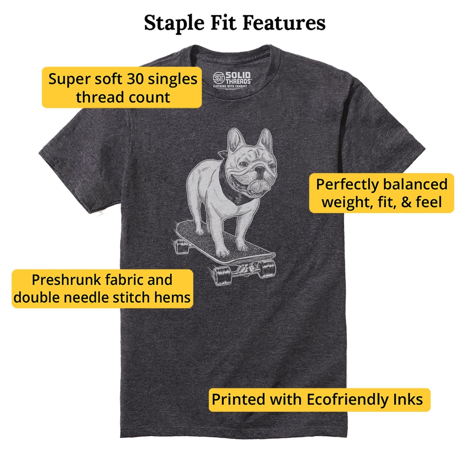 Frenchie Skateboarding Cool Staple T-shirt in Charcoal Heather - Fit Attributes