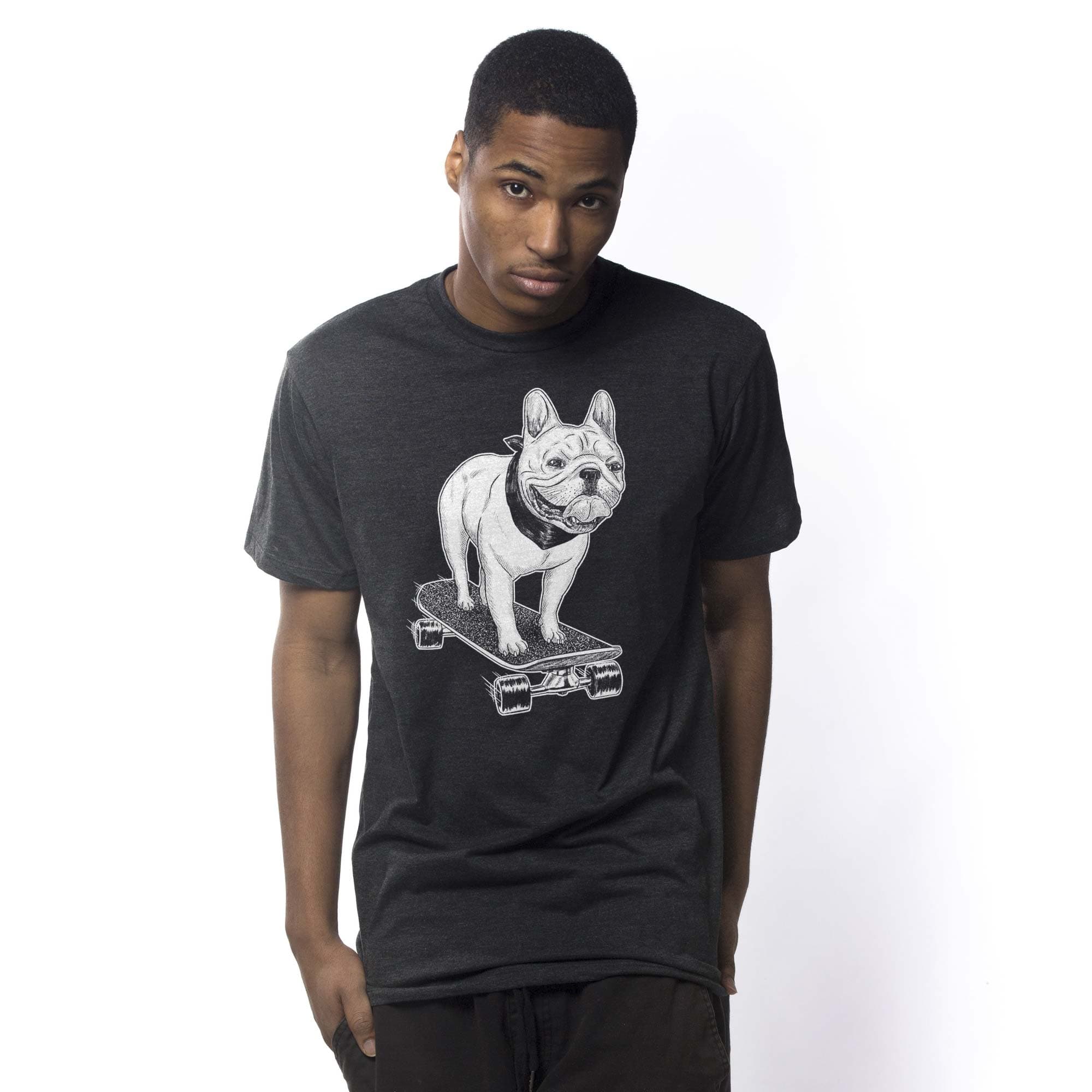 Men's Frenchie Skateboarding Cool Graphic T-Shirt | Vintage Bulldog Tee On Model | Solid Threads