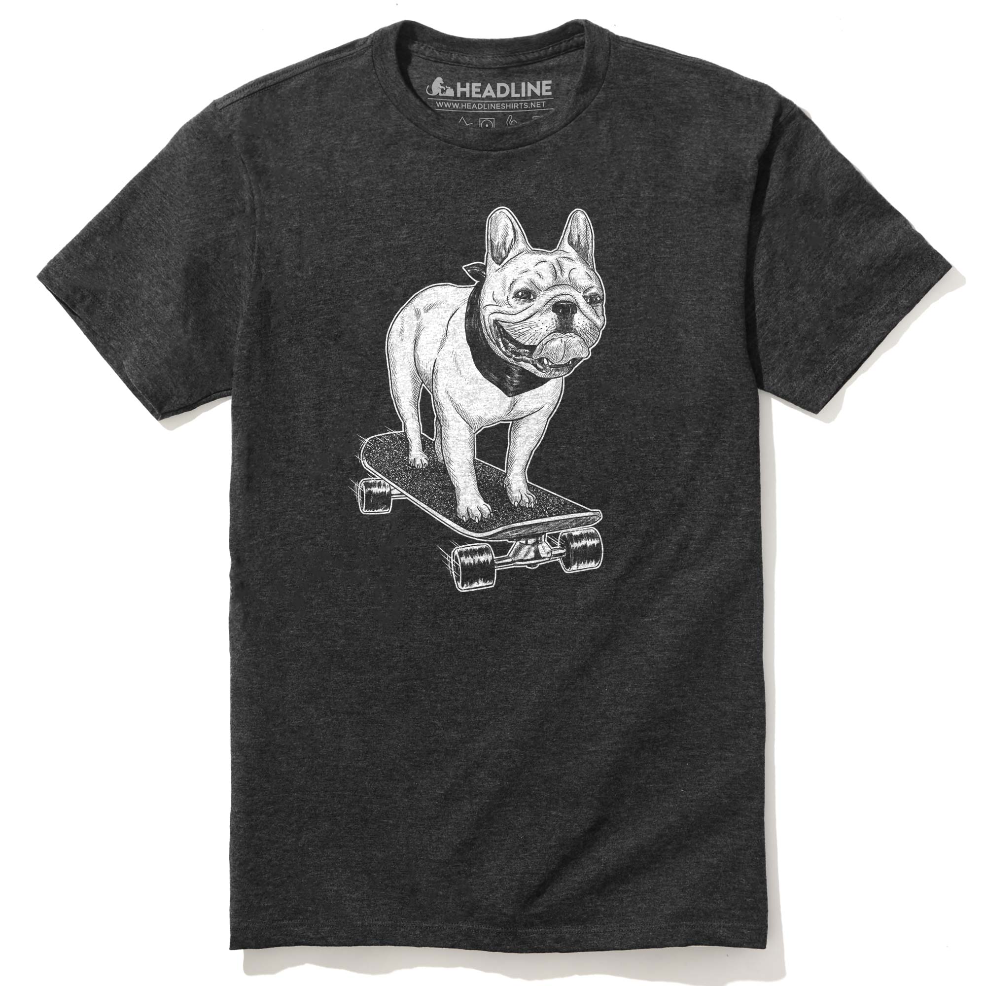 Men's Frenchie Skateboarding Cool Hipster Graphic T-Shirt | Funny French Bulldog Tee | Solid Threads
