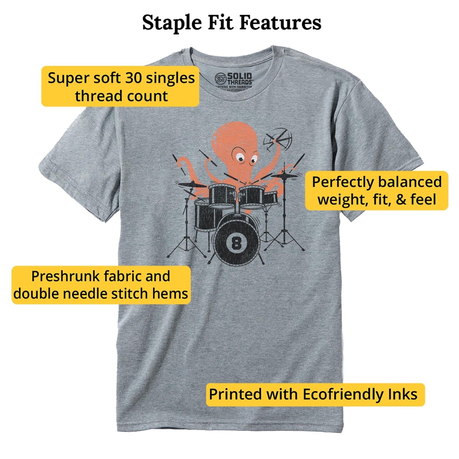 Octopus Drummer Cool Staple T-shirt in Ash Heather - Fit Attributes