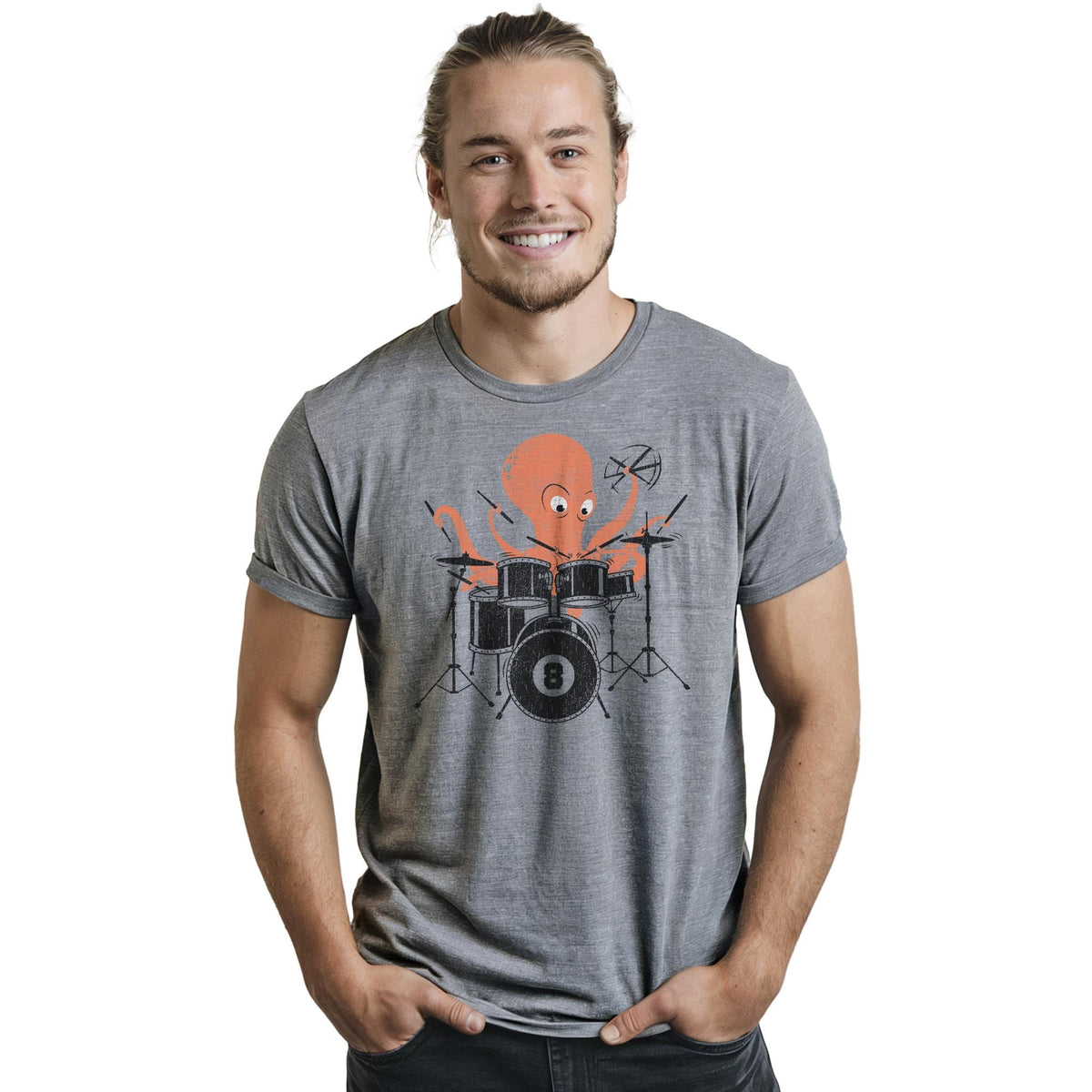 Octopus Drummer Cool Staple T-shirt in Ash Heather On Model - Front View