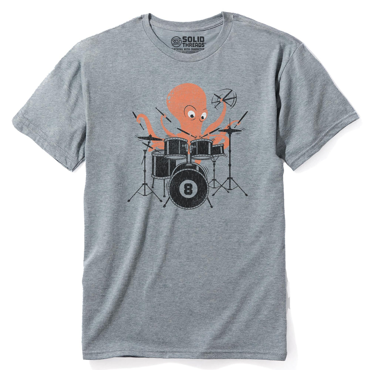 Octopus Drummer Cool Staple T-shirt in Ash Heather - Front View