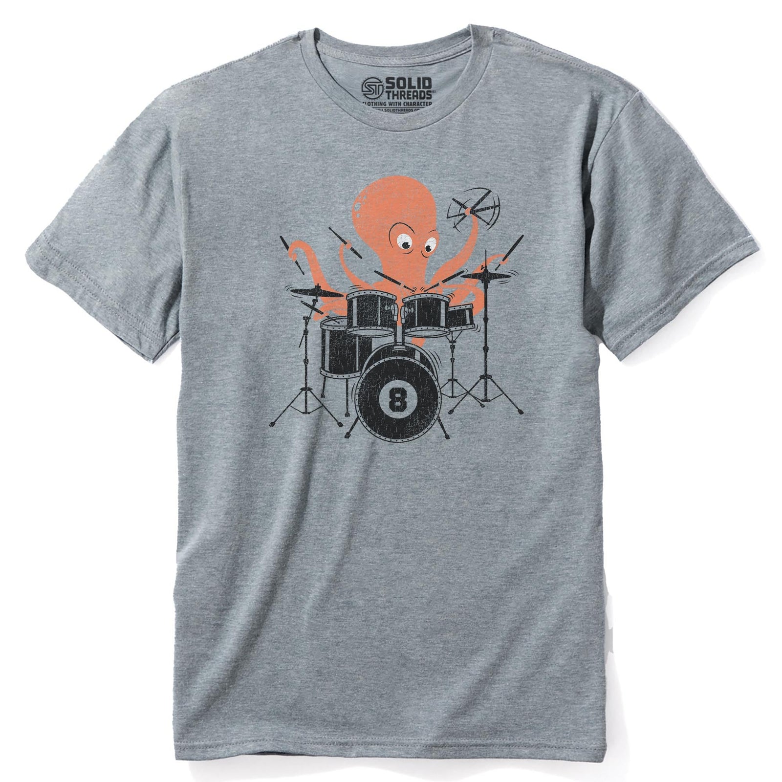 Octopus Drummer Cool Staple T-shirt in Ash Heather - Front View