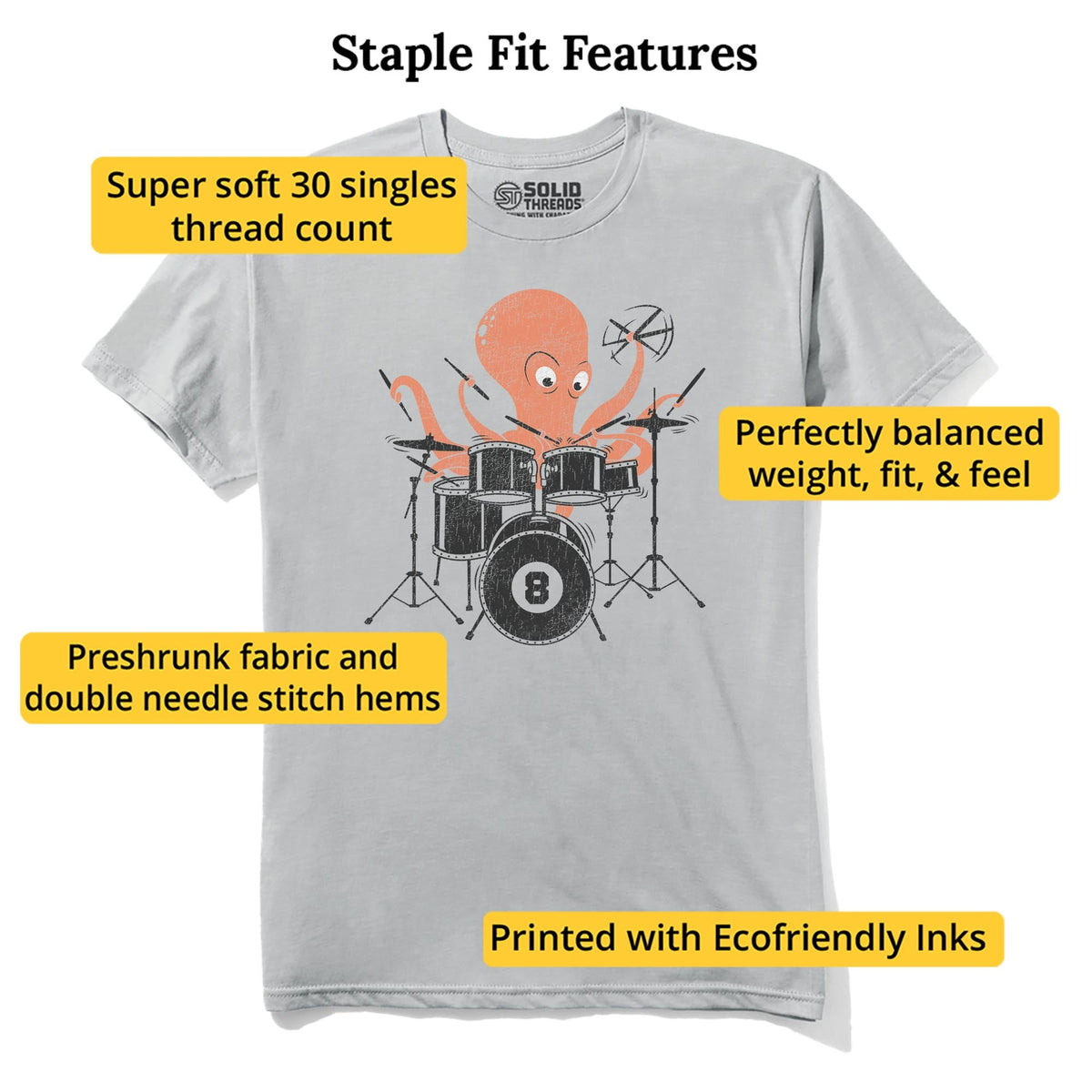 Octopus Drummer Cool Staple T-shirt in Silver - Fit Attributes