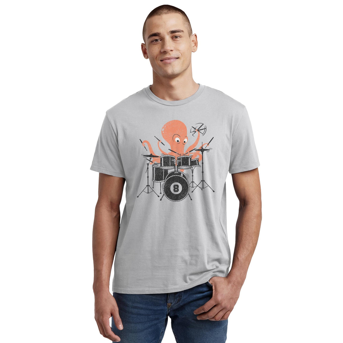 Octopus Drummer Cool Staple T-shirt in Silver On Model - Front View
