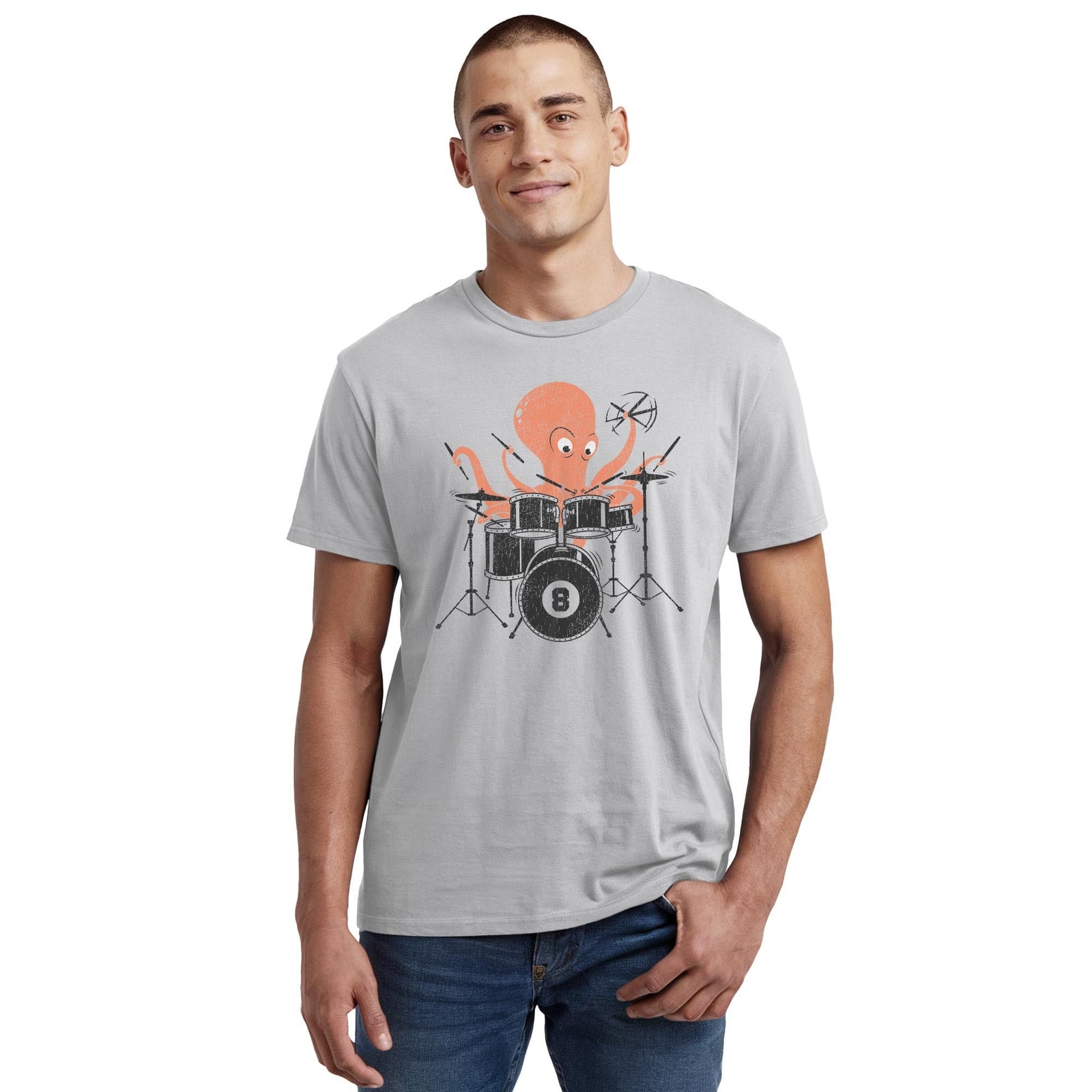 Octopus Drummer Cool Staple T-shirt in Silver On Model - Front View