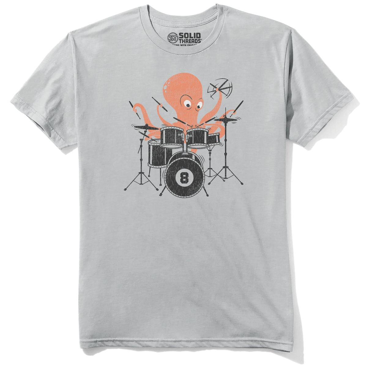 Octopus Drummer Cool Staple T-shirt in Silver - Front View