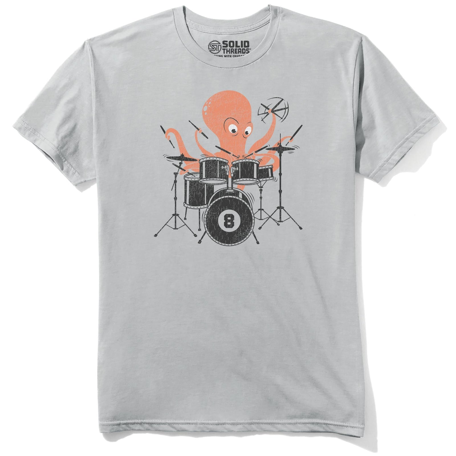 Octopus Drummer Cool Staple T-shirt in Silver - Front View