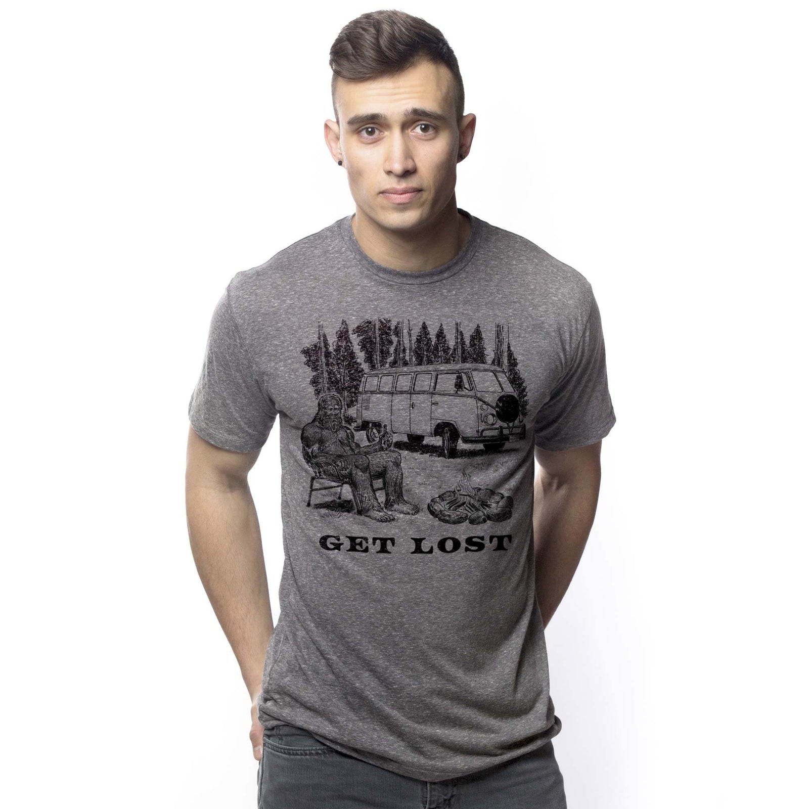 Men's Get Lost Funny Graphic T-Shirt | Vintage Bigfoot Camping  Tee | Solid Threads