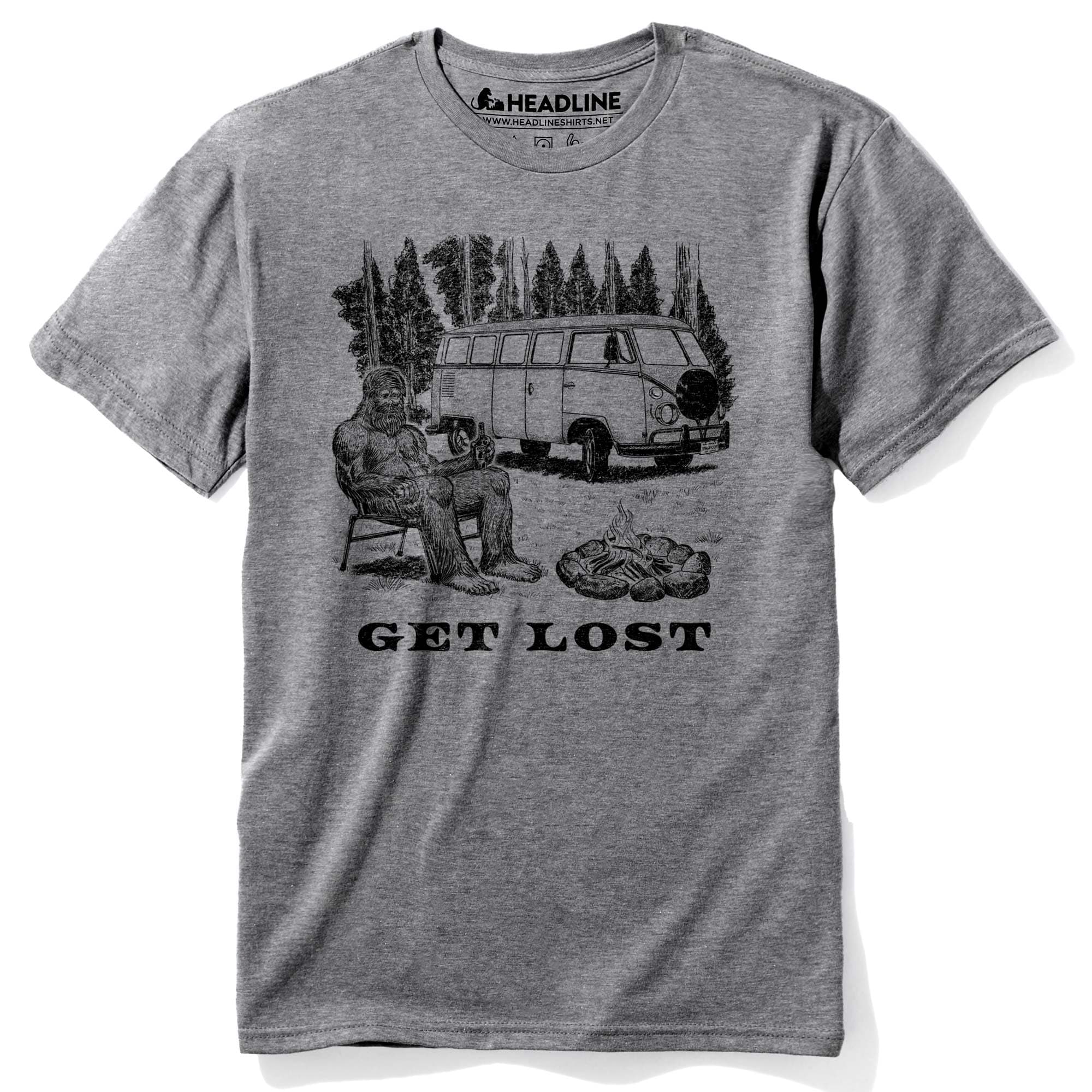 Men's Get Lost Funny Graphic T-Shirt | Vintage Bigfoot Camping  Tee | Solid Threads