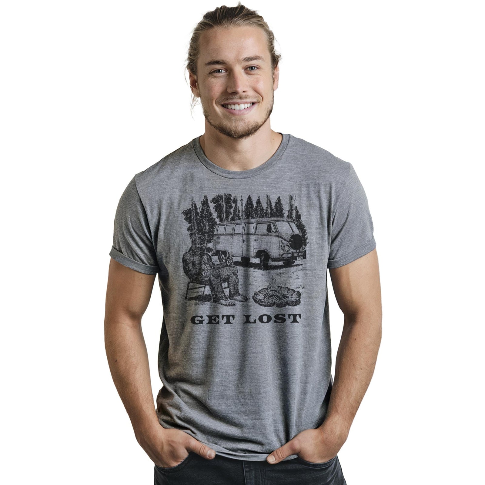 Get Lost Funny Staple T-shirt in Ash Heather On Model - Front View