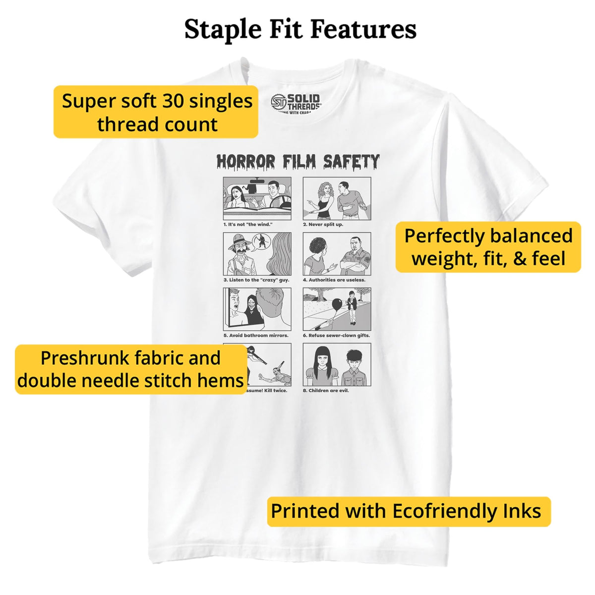Horror Film Safety Guide Funny Staple T-shirt in White - Fit Attributes