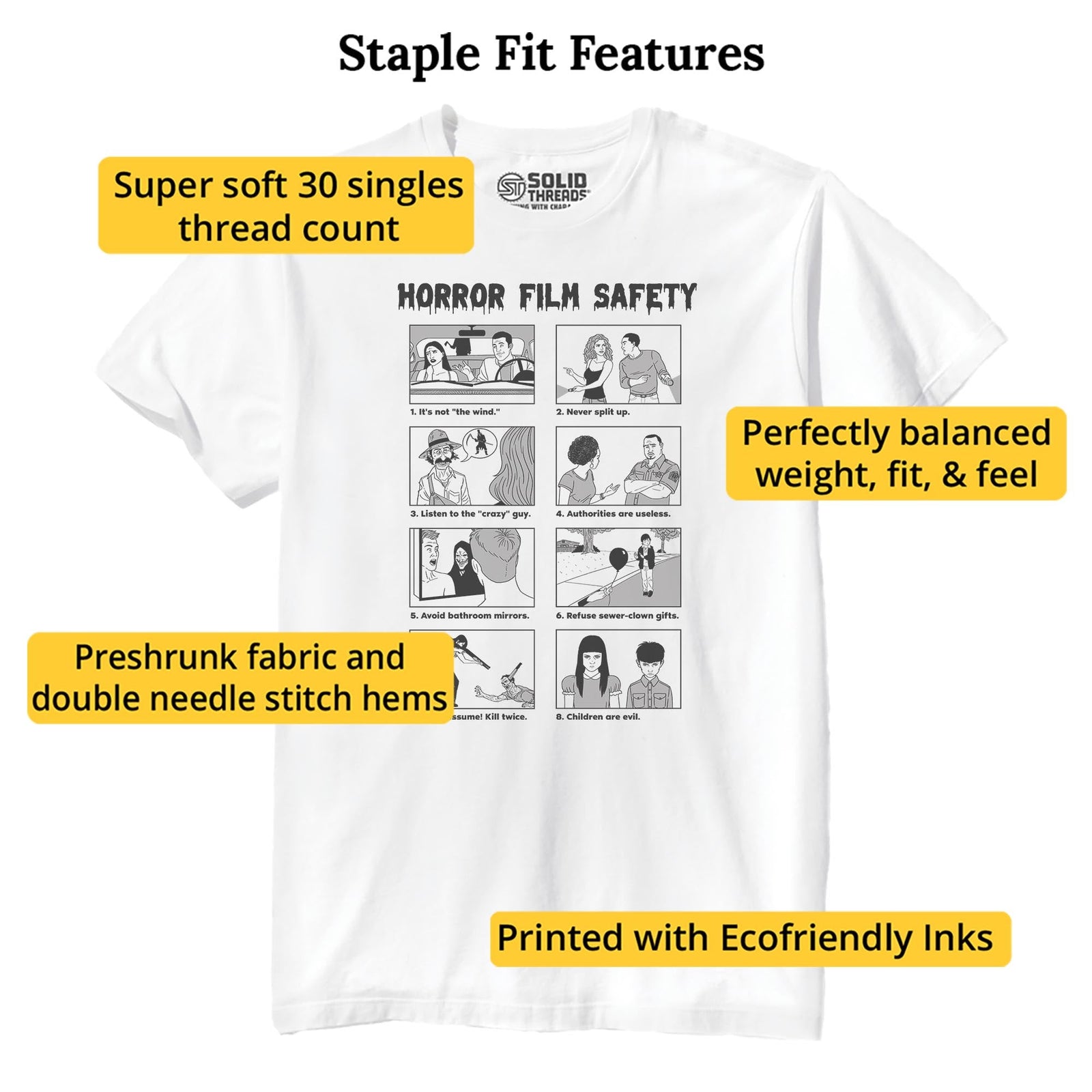 Horror Film Safety Guide Funny Staple T-shirt in White - Fit Attributes