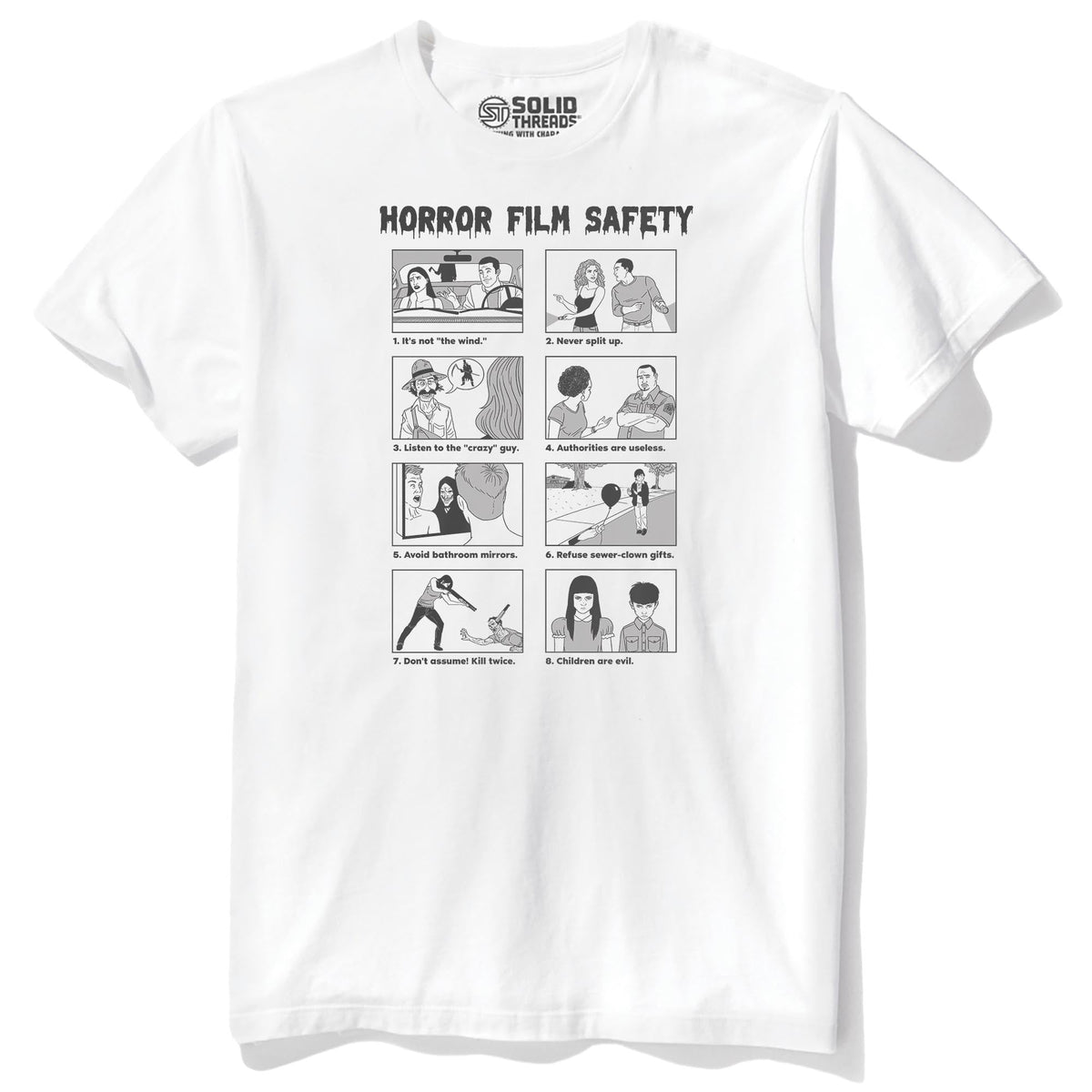 Horror Film Safety Guide Funny Staple T-shirt in White - Front View