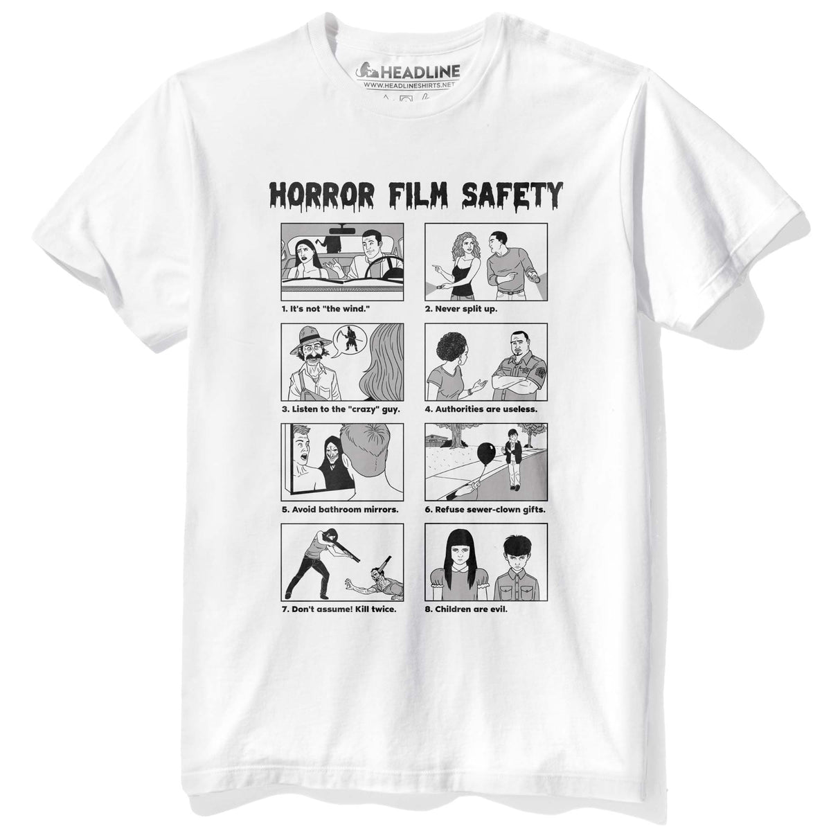 Men&#39;s Horror Film Safety Guide Funny Graphic T-Shirt | Designer Movie Parody  Tee | Solid Threads