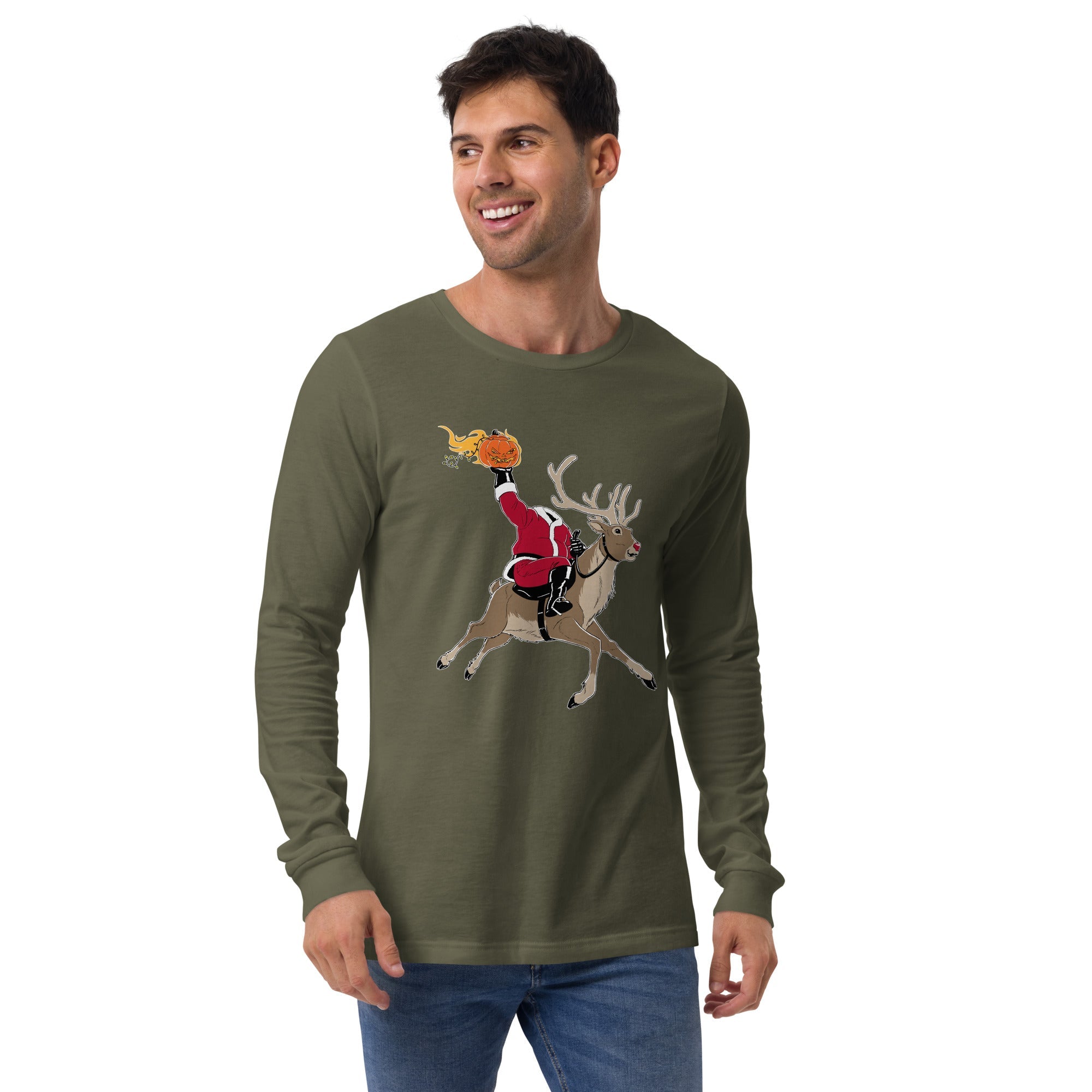 Men's Headless-Ho-Ho-Horseman Funny Graphic Long-Sleeve-T-Shirt | Cool Santa Halloween Pumpkin Tee on Model | Solid Threads