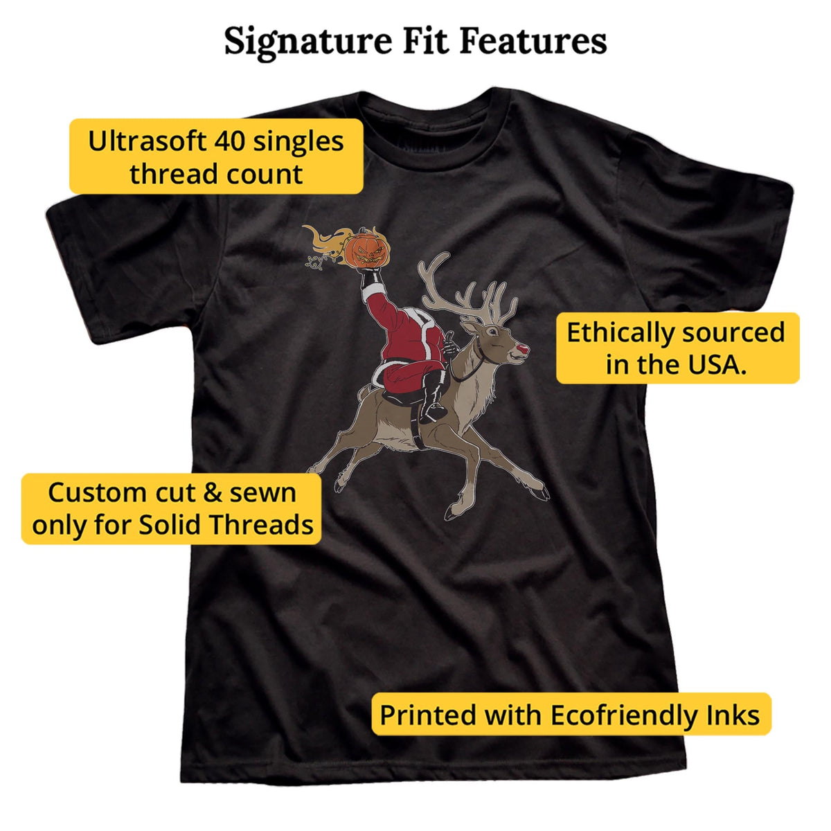 Headless Ho Ho Horseman Funny Signature T-shirt in Black - Fit Attributes