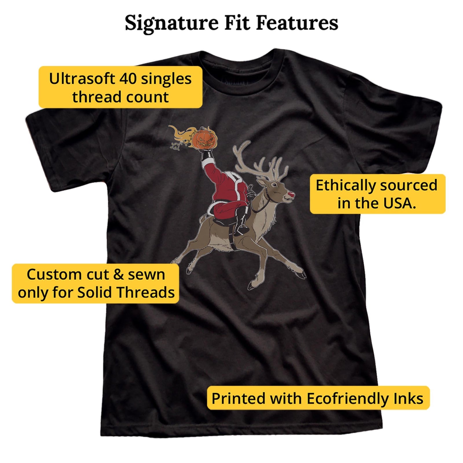 Headless Ho Ho Horseman Funny Signature T-shirt in Black - Fit Attributes