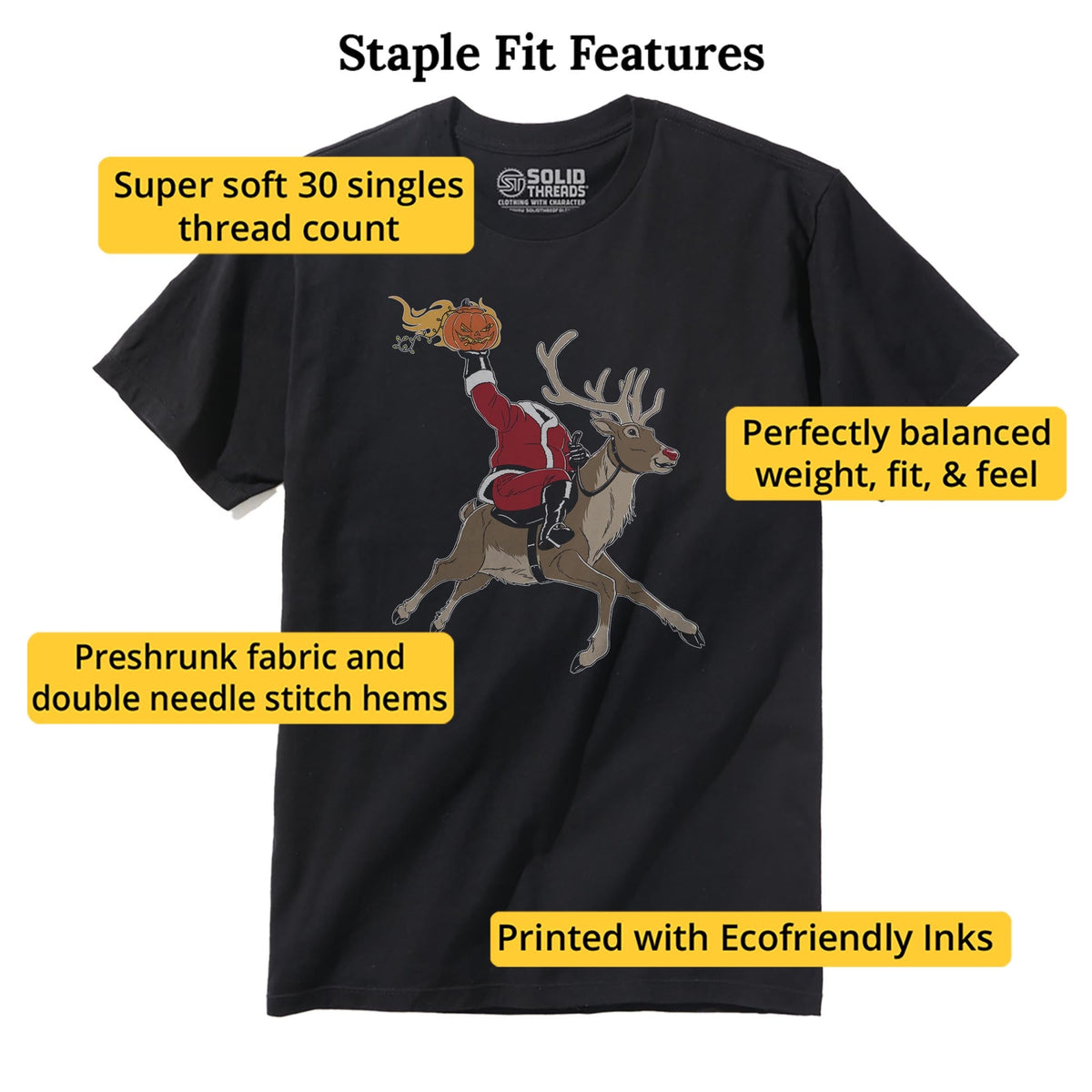 Headless Ho Ho Horseman Funny Staple T-shirt in Black - Fit Attributes
