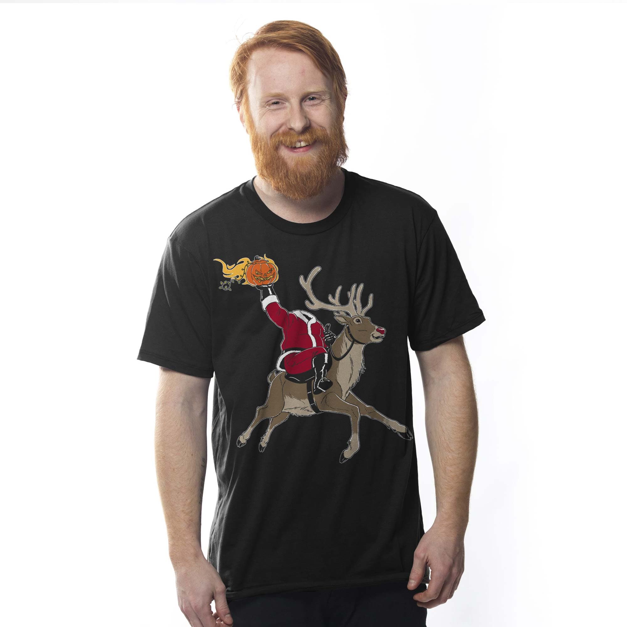 Headless Ho-Ho-Horseman Funny Graphic T-Shirt | Cool Santa Halloween Pumpkin Tee On Model | Solid Threads