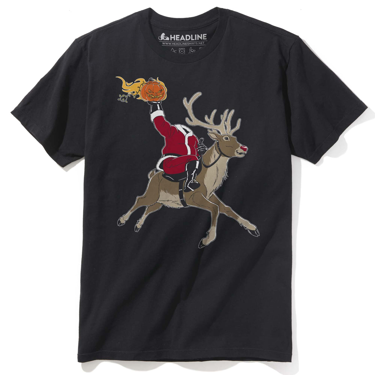 Headless Ho-Ho-Horseman Funny Graphic T-Shirt | Cool Santa Halloween Pumpkin Tee | Solid Threads