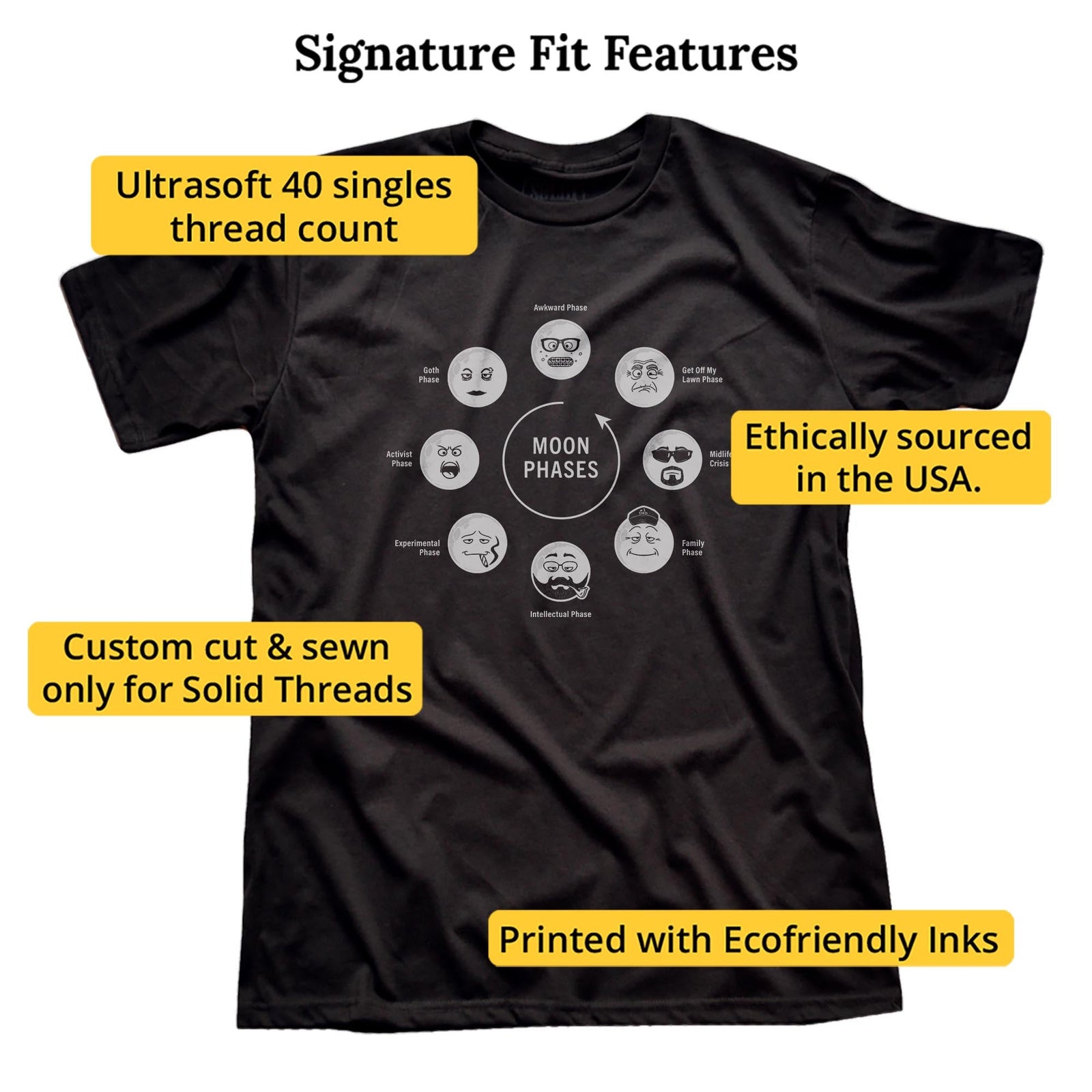 Moon Phases Funny Signature T-shirt in Black - Fit Attributes