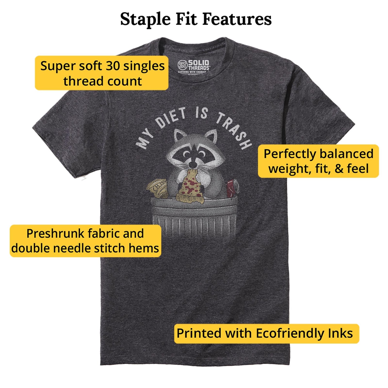 Diet Is Trash Funny Staple T-shirt in Charcoal Heather - Fit Attributes
