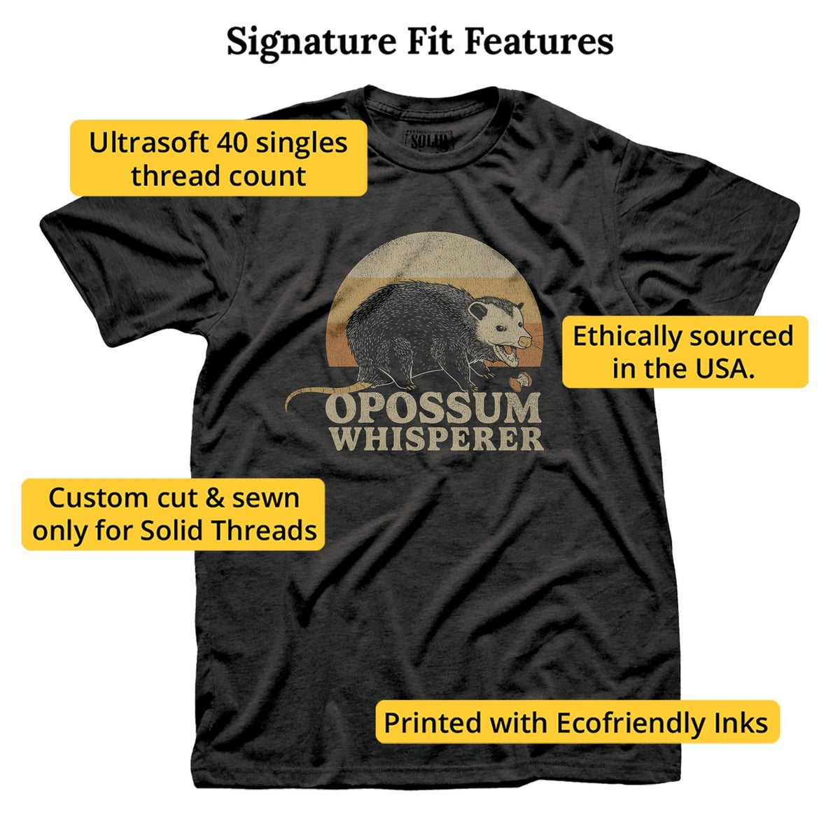 Opossum Whisperer Funny Signature T-shirt in Dark Charcoal - Fit Attributes