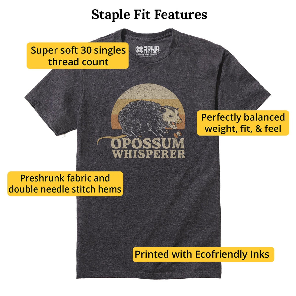 Opossum Whisperer Funny Staple T-shirt in Charcoal Heather - Fit Attributes