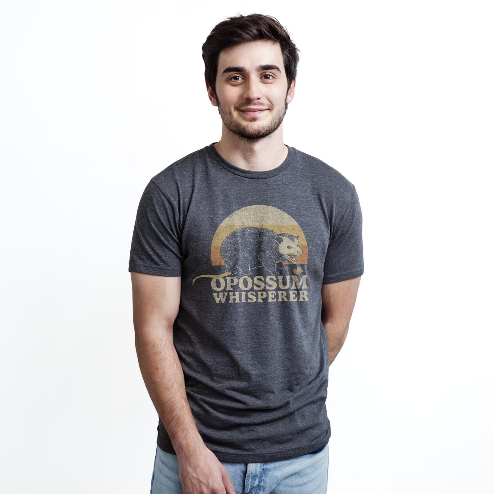 Opossum Whisperer Funny Staple T-shirt in Charcoal Heather On Model - Front View