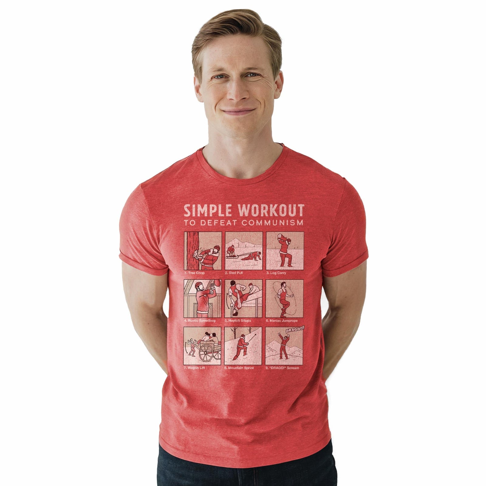 Simple Workout To Defeat Communism Designer Staple T-shirt in Red Heather On Model - Front View